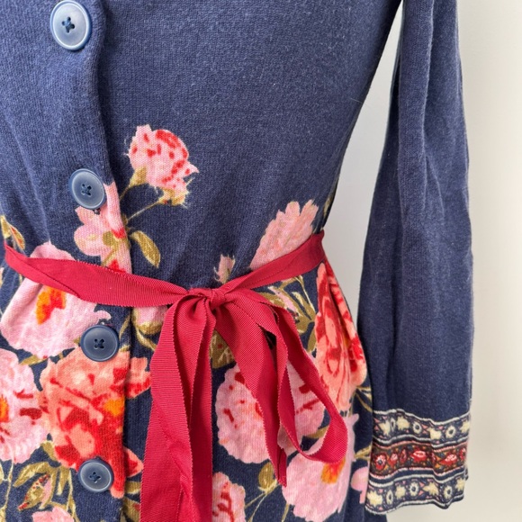 Anthropologie Sparrow Navy Knit Cardigan with Red and Cream Folk Trim Size S - Picture 2 of 11